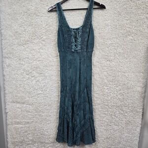My Choice Embroidered Boho Midi Dress Womens Size M Teal Lace Up Medieval